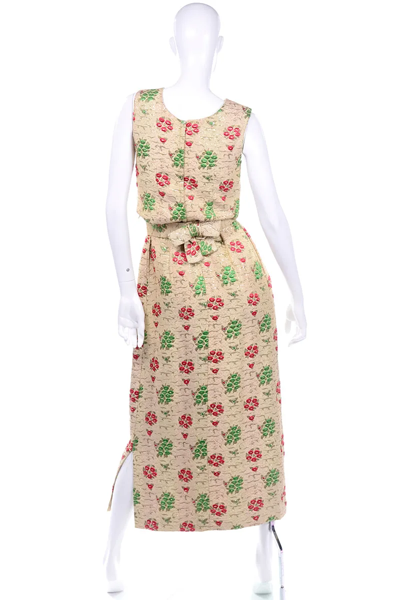 1960s Vintage Red & Green Cream Print Full Length Evening Dress