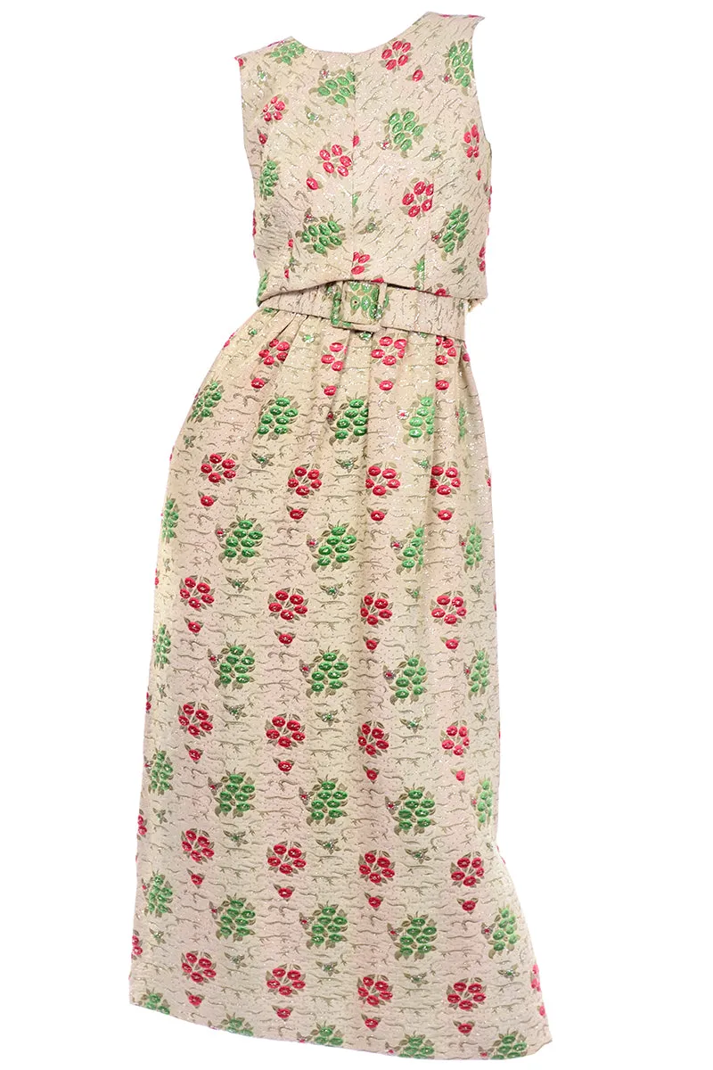 1960s Vintage Red & Green Cream Print Full Length Evening Dress