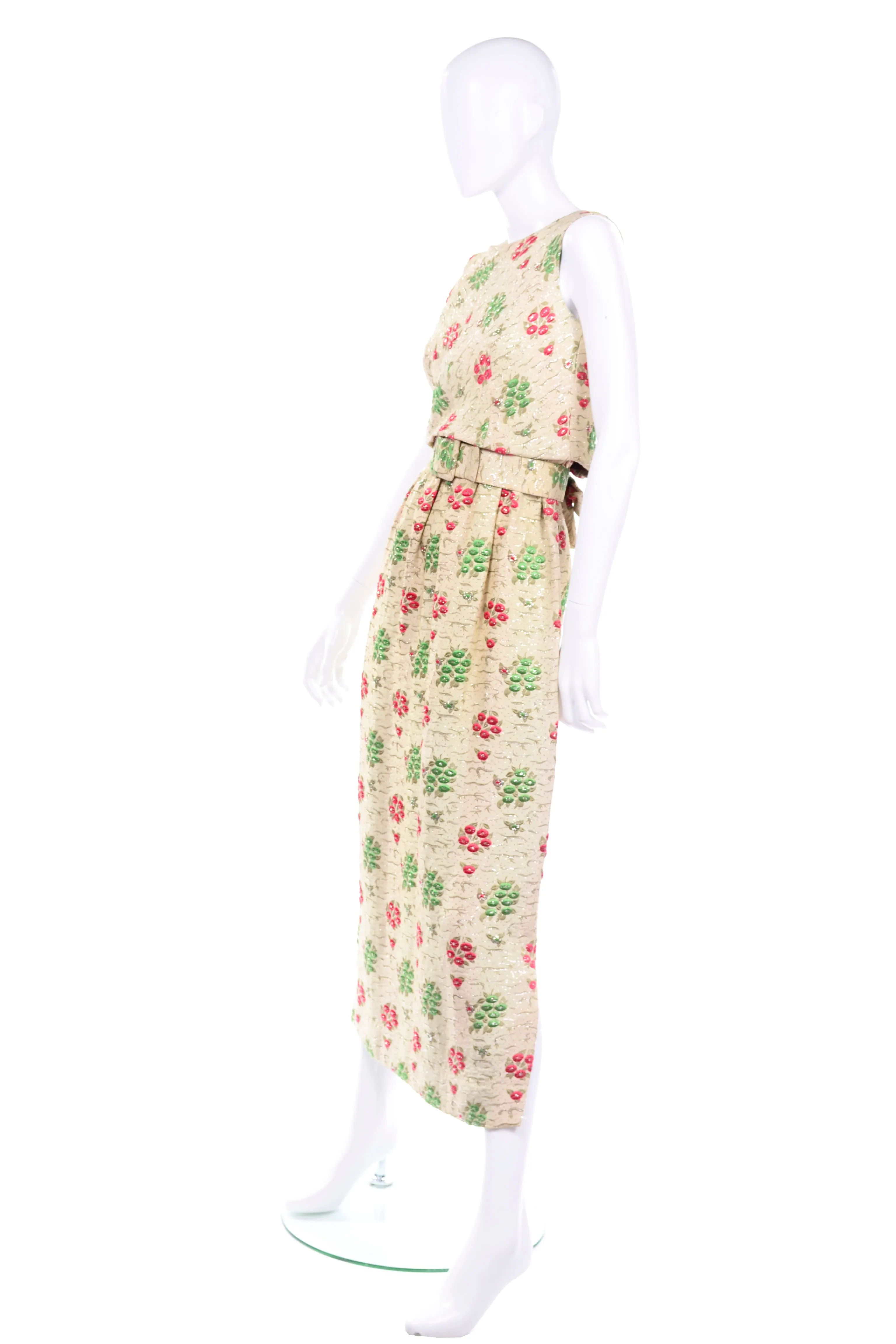 1960s Vintage Red & Green Cream Print Full Length Evening Dress