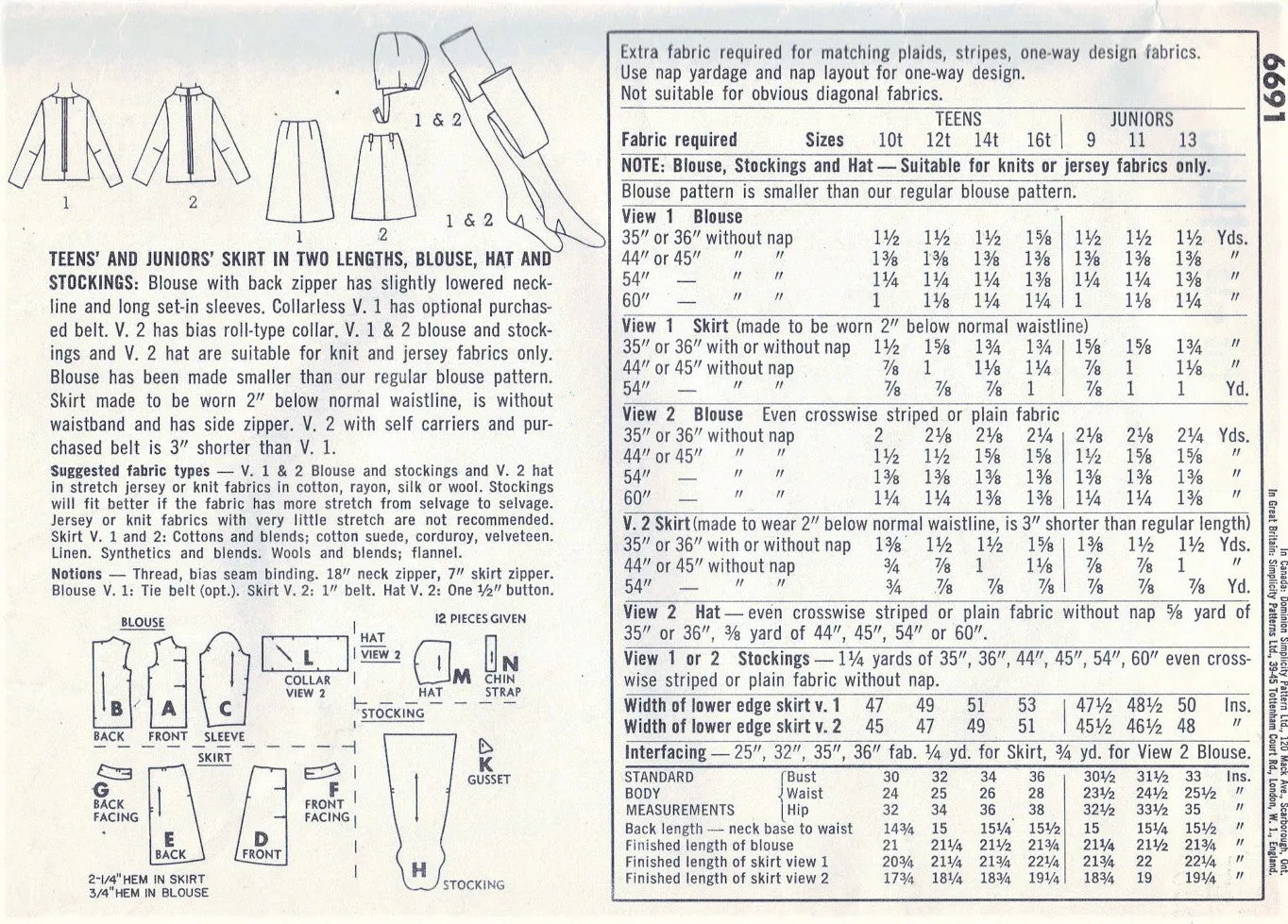 60s MOD Skirt Blouse Top Hat and Stockings Pattern SIMPLICITY 6691 Two Skirt Lengths, 2 Blouse Versions Size 9 Vintage Sewing Pattern UNCUT