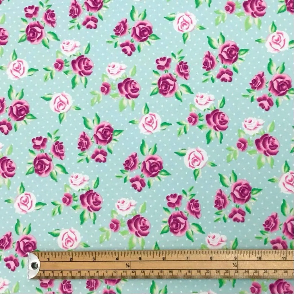 85cm Panel Pink Flowers & Polka Dots on Pale Blue Lycra Spandex Fabric