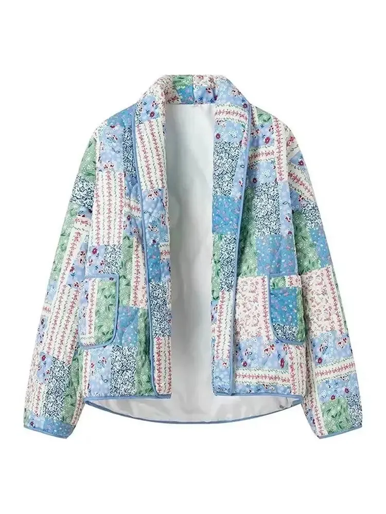 Advbridge Women Floral Print Patchwork Cotton Jacket With Pocket Scarf Collar Long Sleeve Cardigan Padded Coats Autumn Lady Street Outwear