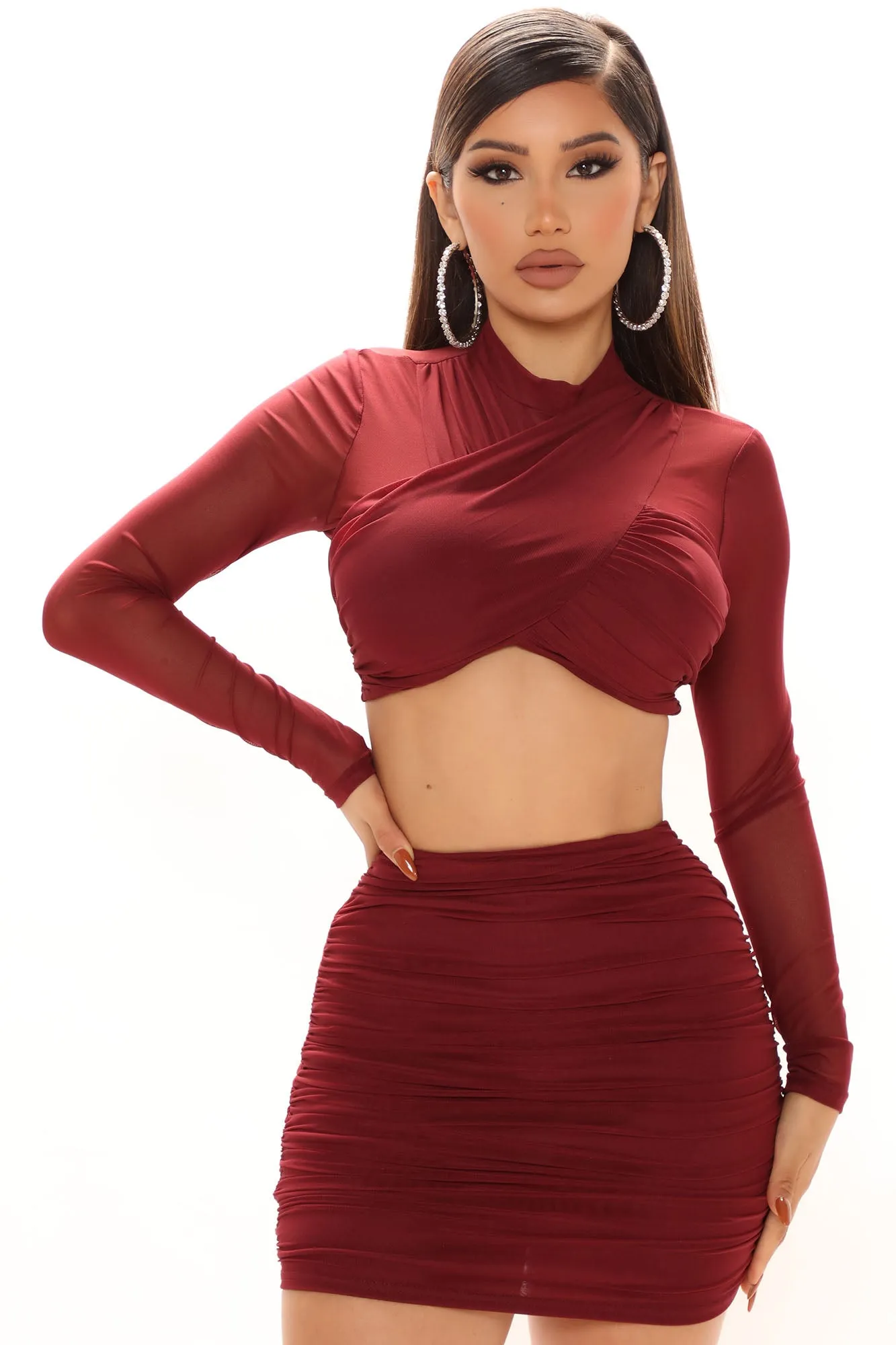 Alanna Mesh Skirt Set - Burgundy