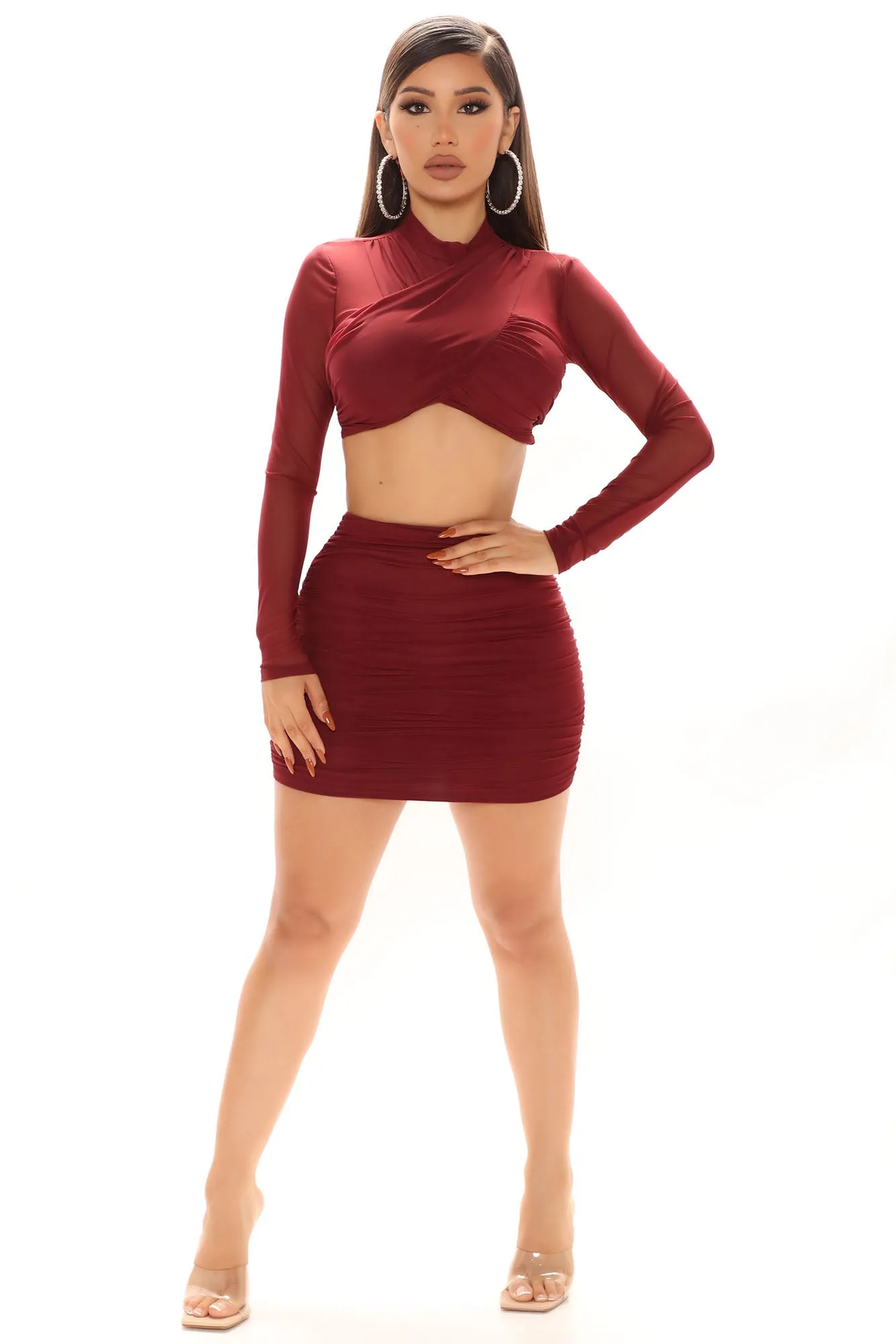 Alanna Mesh Skirt Set - Burgundy