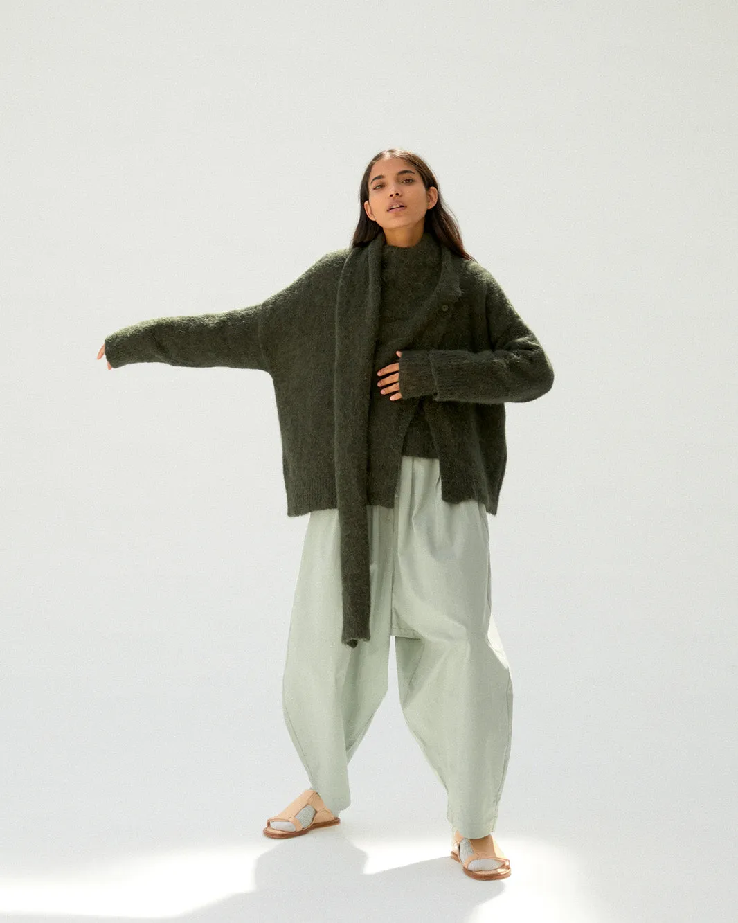 Alpaca Scarf-Neck Cardigan Green