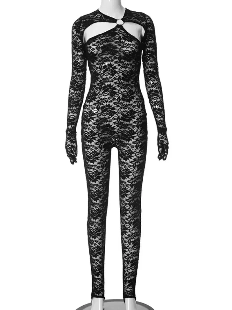 Amozae-Women Sexy Hollow Out Long Sleeve Gloves Lace Jumpsuits 2024 Night Club Outfit Female See-through One Piece Party Bodysuit Black