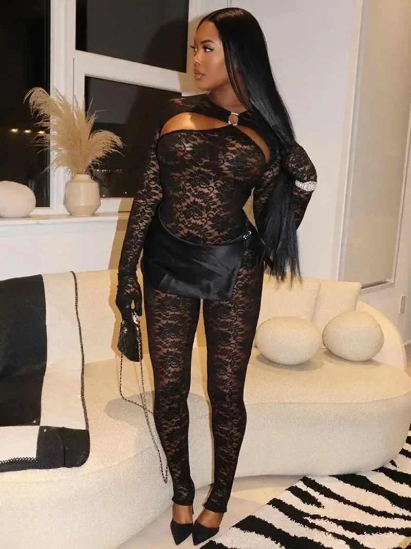 Amozae-Women Sexy Hollow Out Long Sleeve Gloves Lace Jumpsuits 2024 Night Club Outfit Female See-through One Piece Party Bodysuit Black