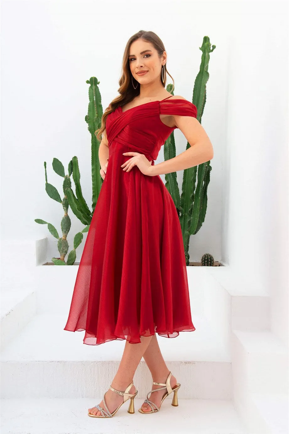 Angelino Burgundy Organze Low Sleeve Short Evening Dress