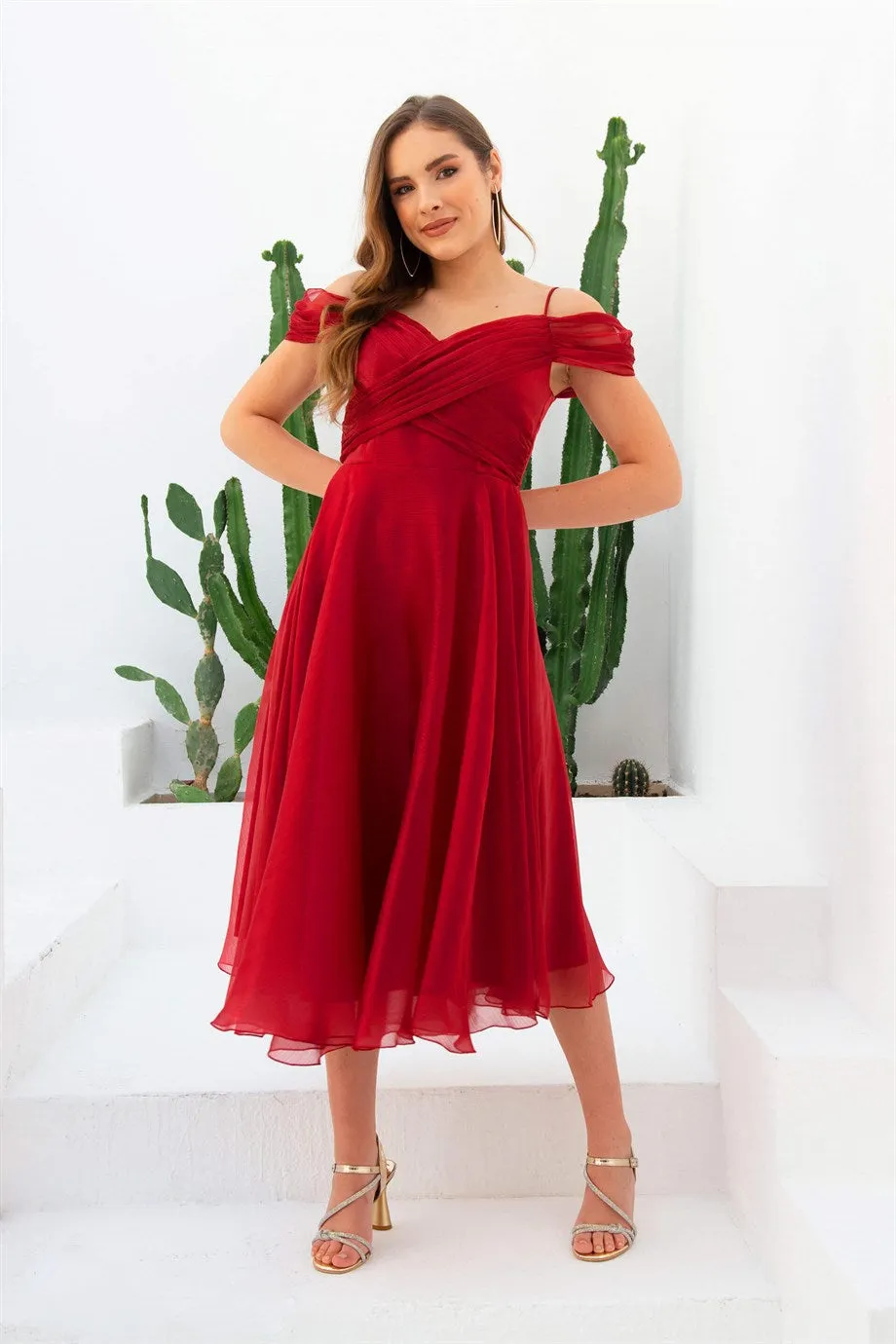 Angelino Burgundy Organze Low Sleeve Short Evening Dress