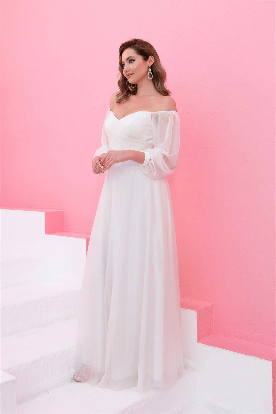 Angelino Ecru silvery long sleeve wedding dress and outer gravity dress