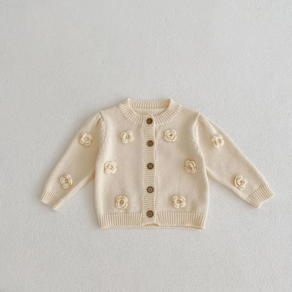 Autumn Baby Girl Handmade Flower Knitted Cotton Yarn Coat Cardigan Wholesale Girls Clothes