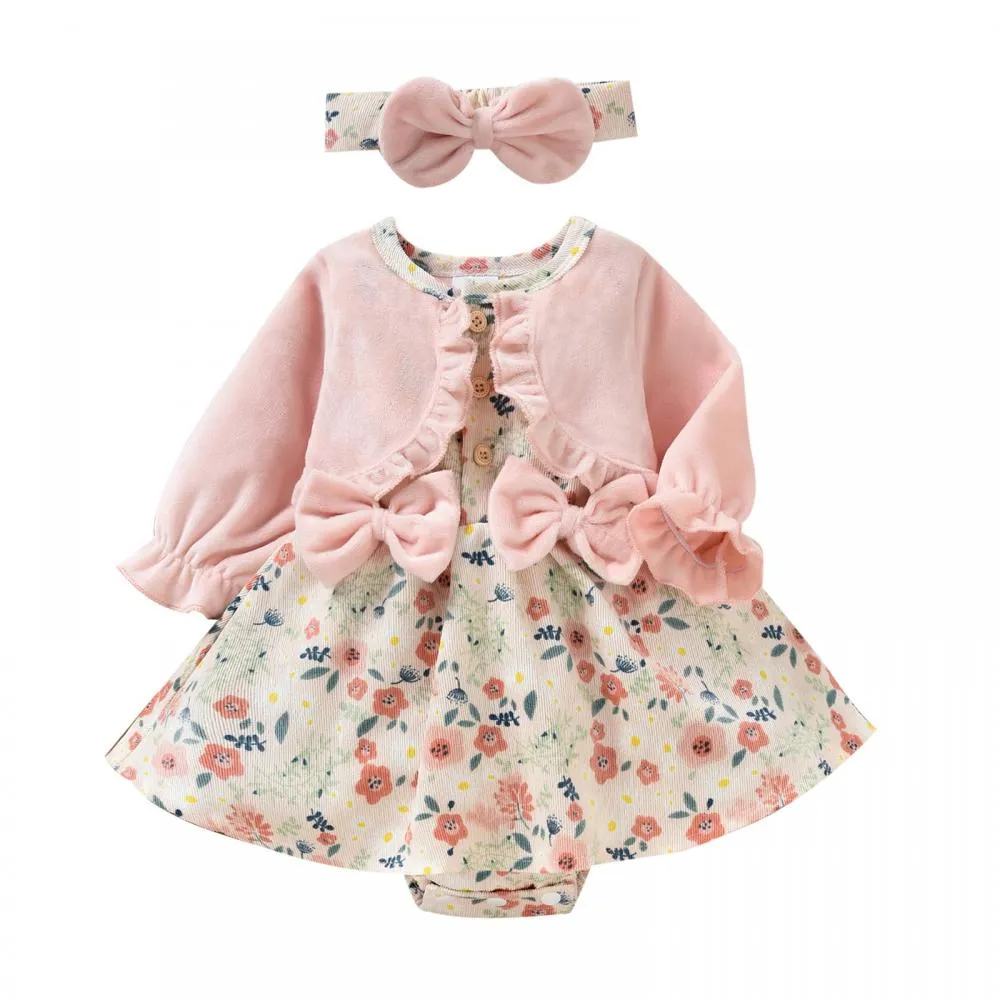 Baby Girl Cotton Long Sleeve Bow Print Dress Romper Two Piece Set Wholesale Girls Clothes