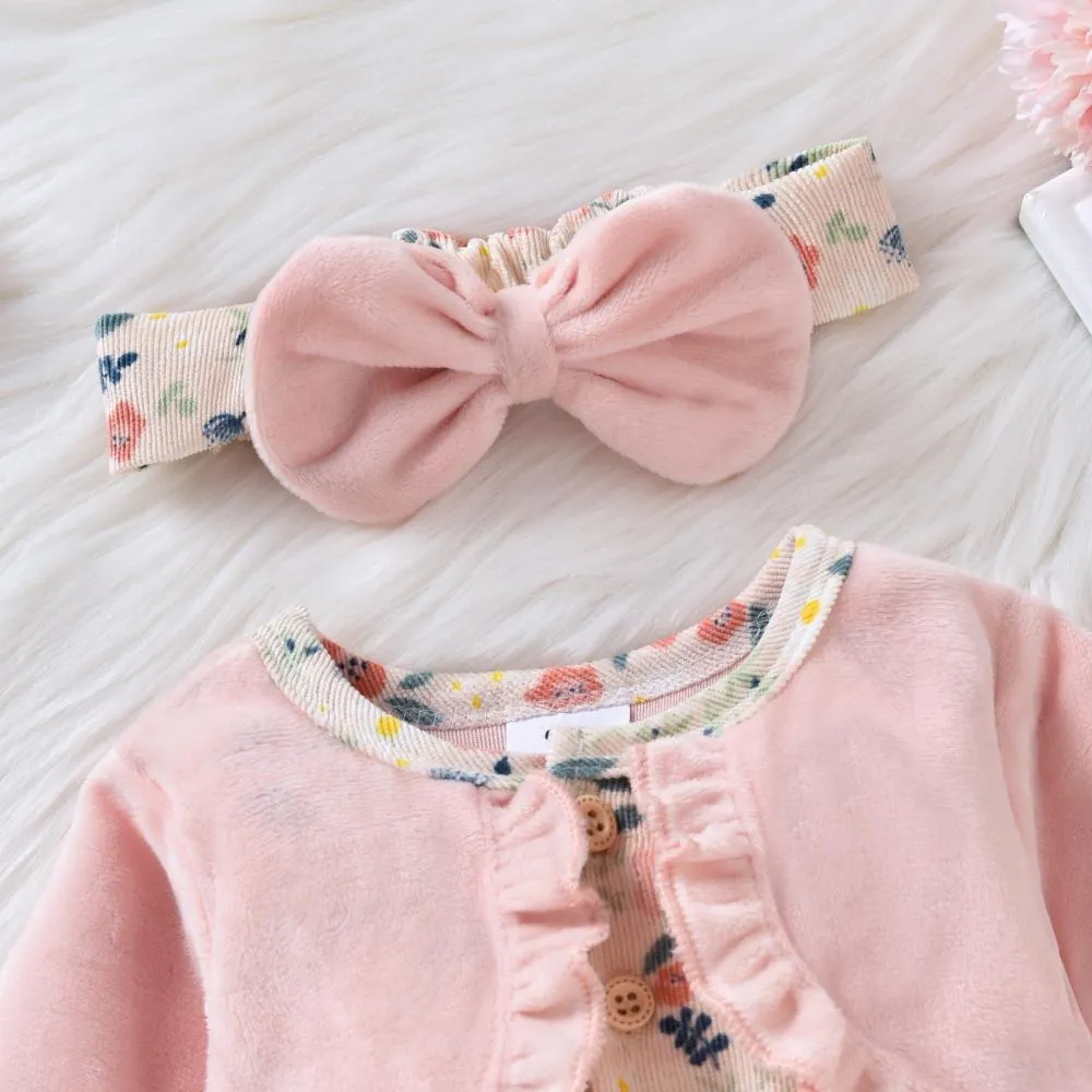 Baby Girl Cotton Long Sleeve Bow Print Dress Romper Two Piece Set Wholesale Girls Clothes