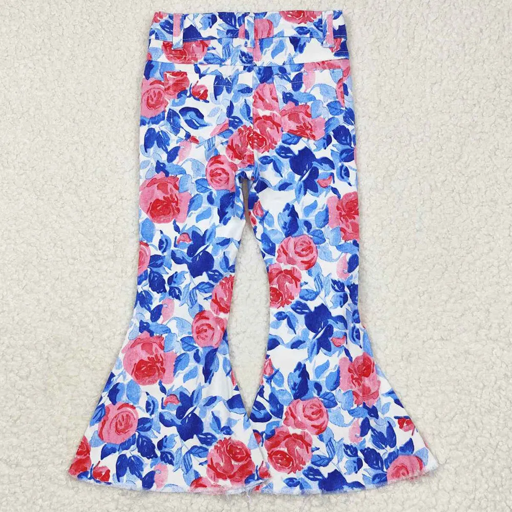 Baby Girls Jeans Pants Blue Leaves Pink Flowers Bell Flare Denim Pants P0466