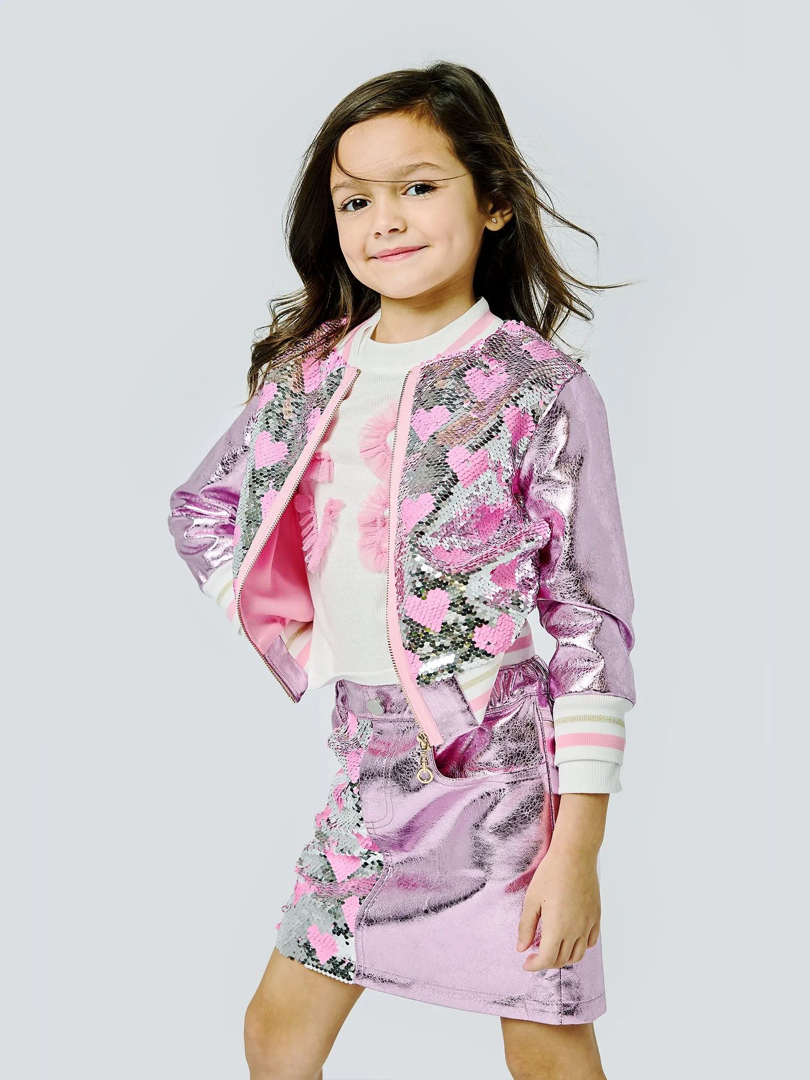 Baby Sara Heart Sequin w/Metallic Faux Leather Contrast Bomber Jacket