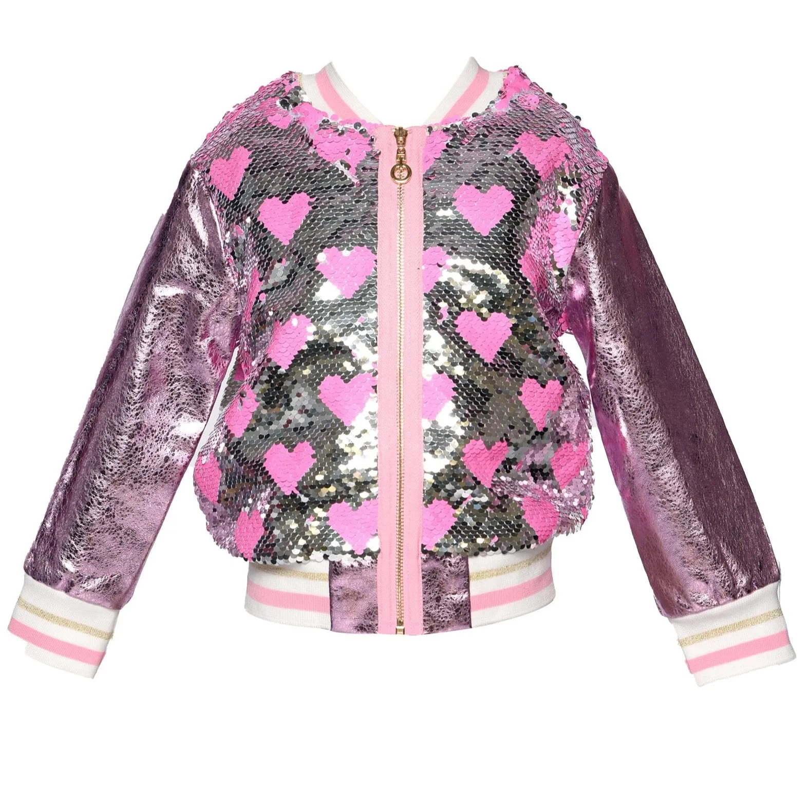 Baby Sara Heart Sequin w/Metallic Faux Leather Contrast Bomber Jacket