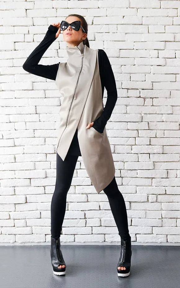 Beige Elegant Zipper Vest