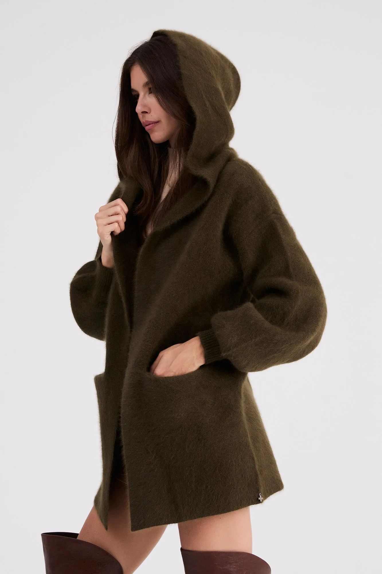   Beryll Cashmere Cropped Coat with Hood | Kelp Green