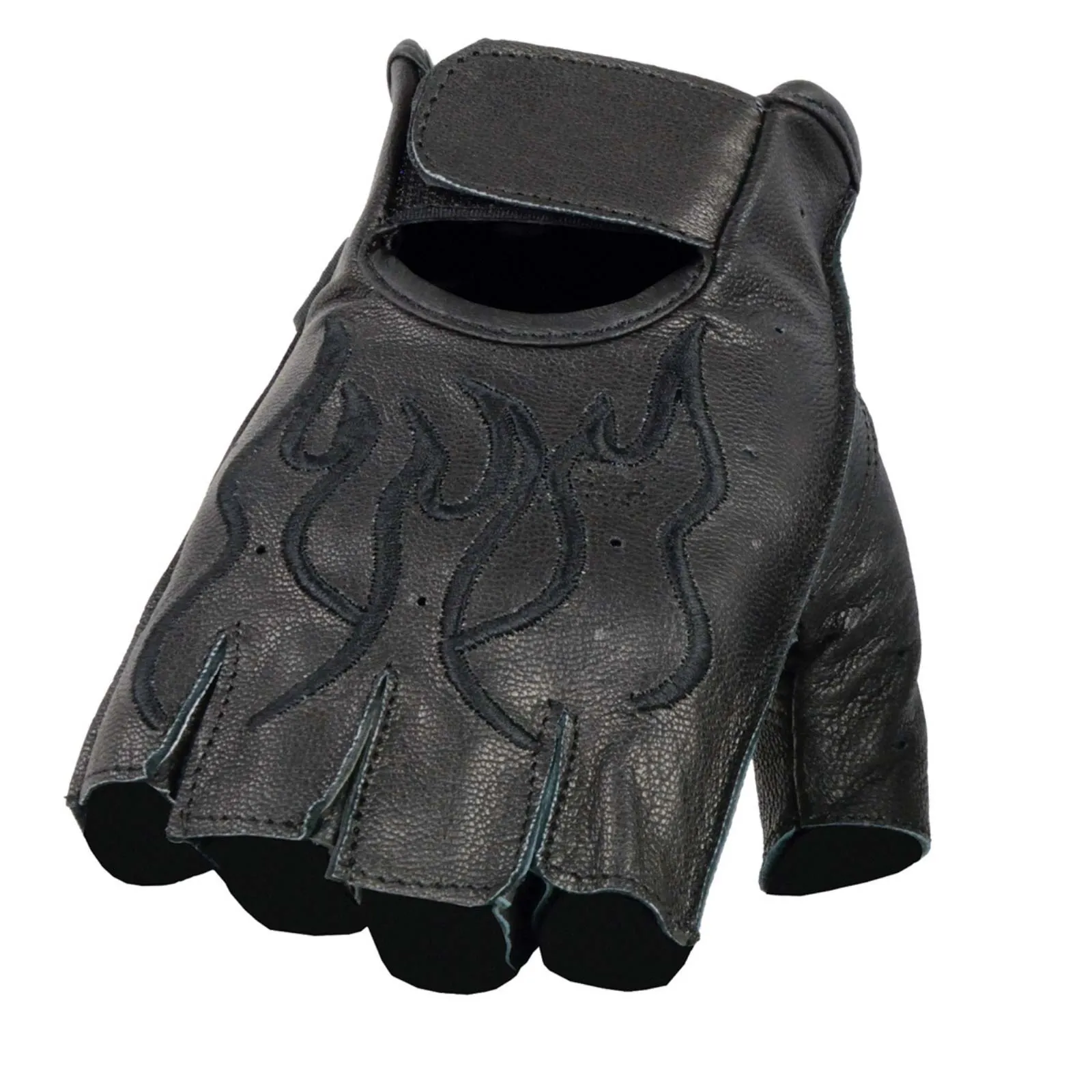 BLACK Flame SH198 Men's Black Leather Gel Padded Palm Fingerless Motorcycle Hand Gloves W/ ‘Black Flame Embroidered’