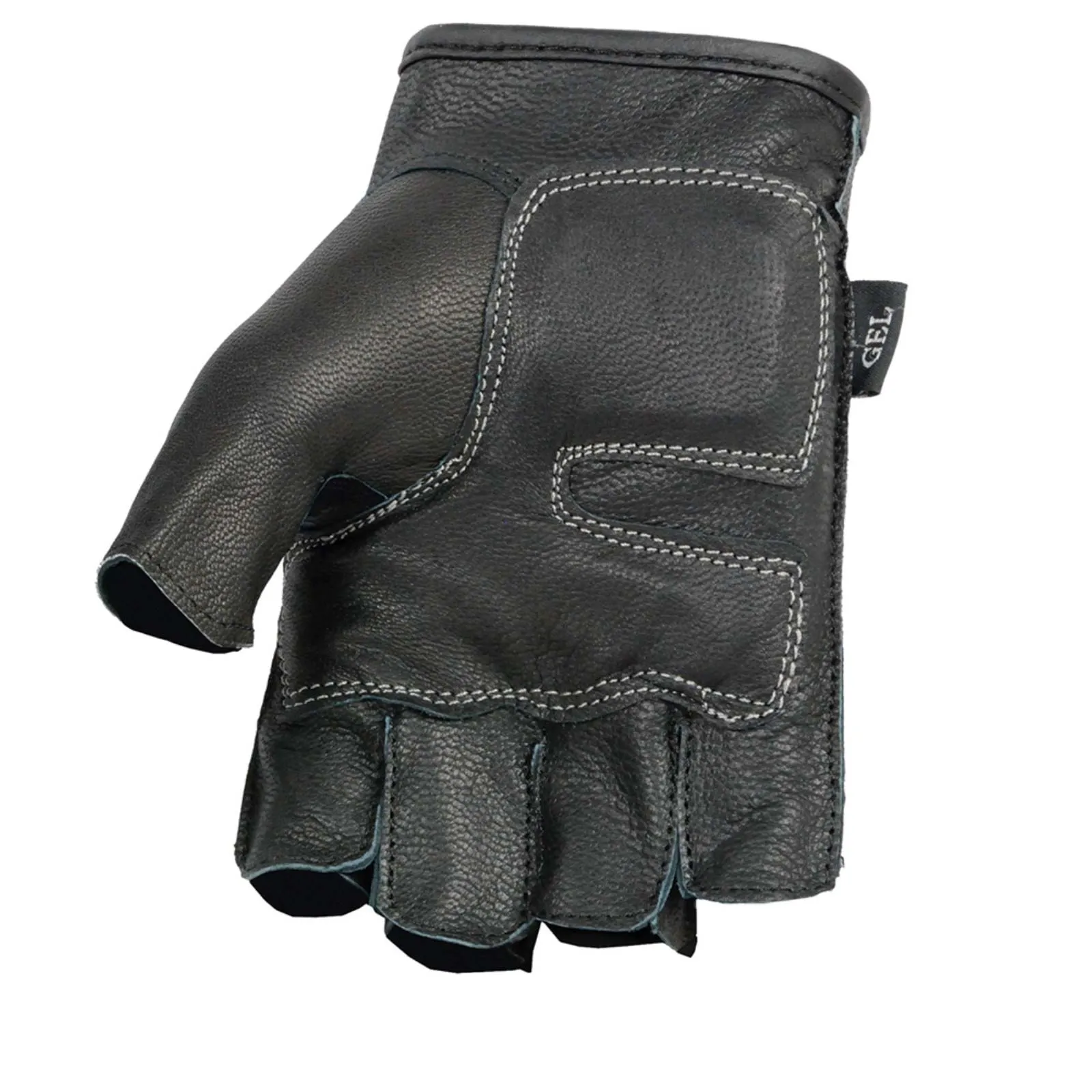 BLACK Flame SH198 Men's Black Leather Gel Padded Palm Fingerless Motorcycle Hand Gloves W/ ‘Black Flame Embroidered’