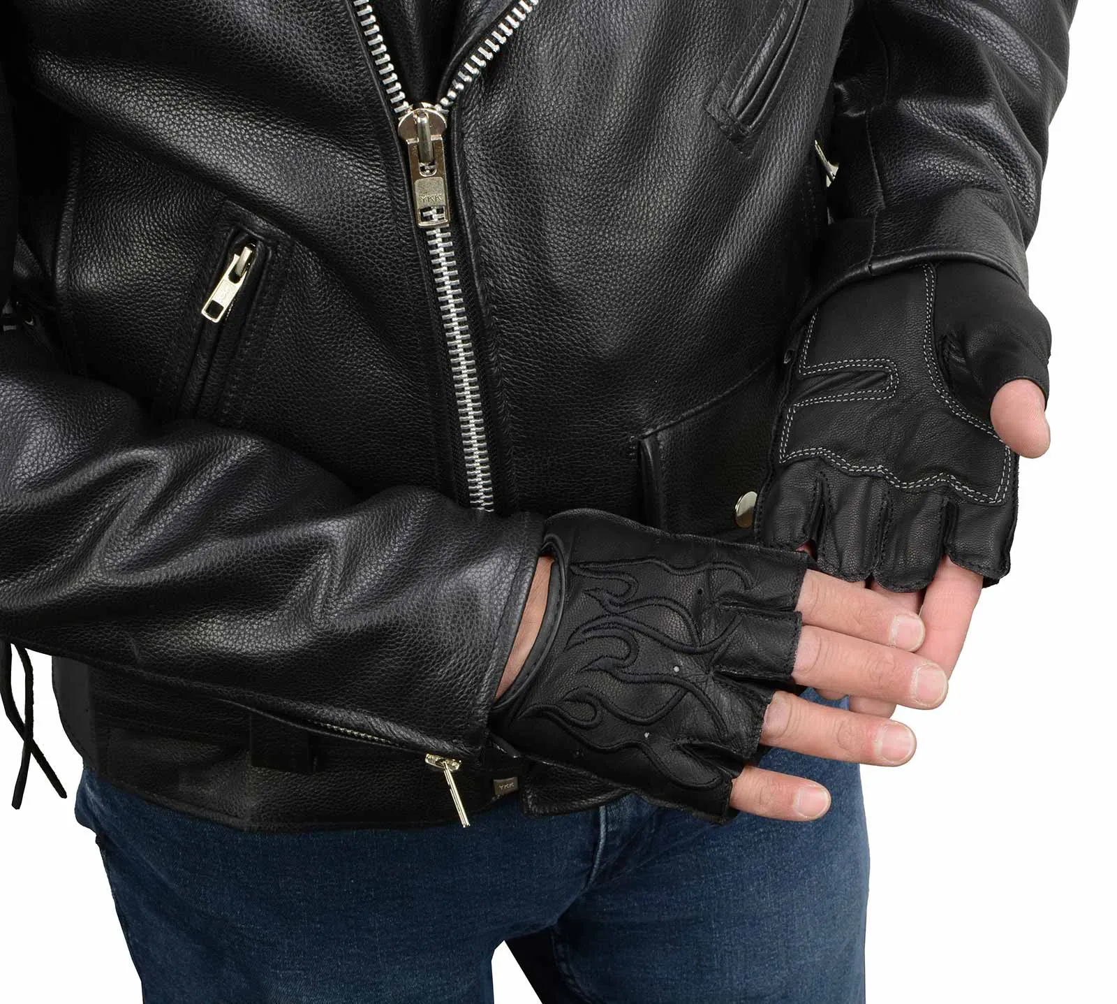 BLACK Flame SH198 Men's Black Leather Gel Padded Palm Fingerless Motorcycle Hand Gloves W/ ‘Black Flame Embroidered’