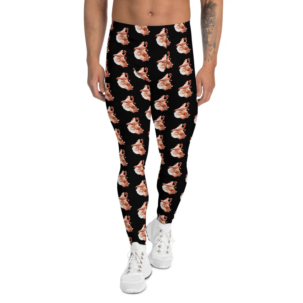 Black Flamingo Men's Leggings, Sexy Cute Bird Print Meggings Run Tights-Made in USA/EU