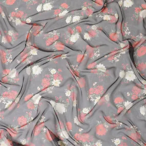 Black silk chiffon fabric with white, green & red digital prints in floral design - D9850