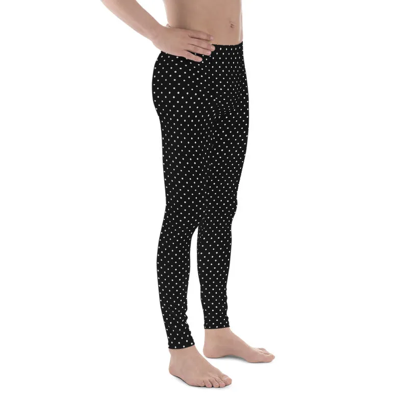 Black White Dots Men's Leggings, Cute Polka Dots Black Best Meggings-Made in USA/EU