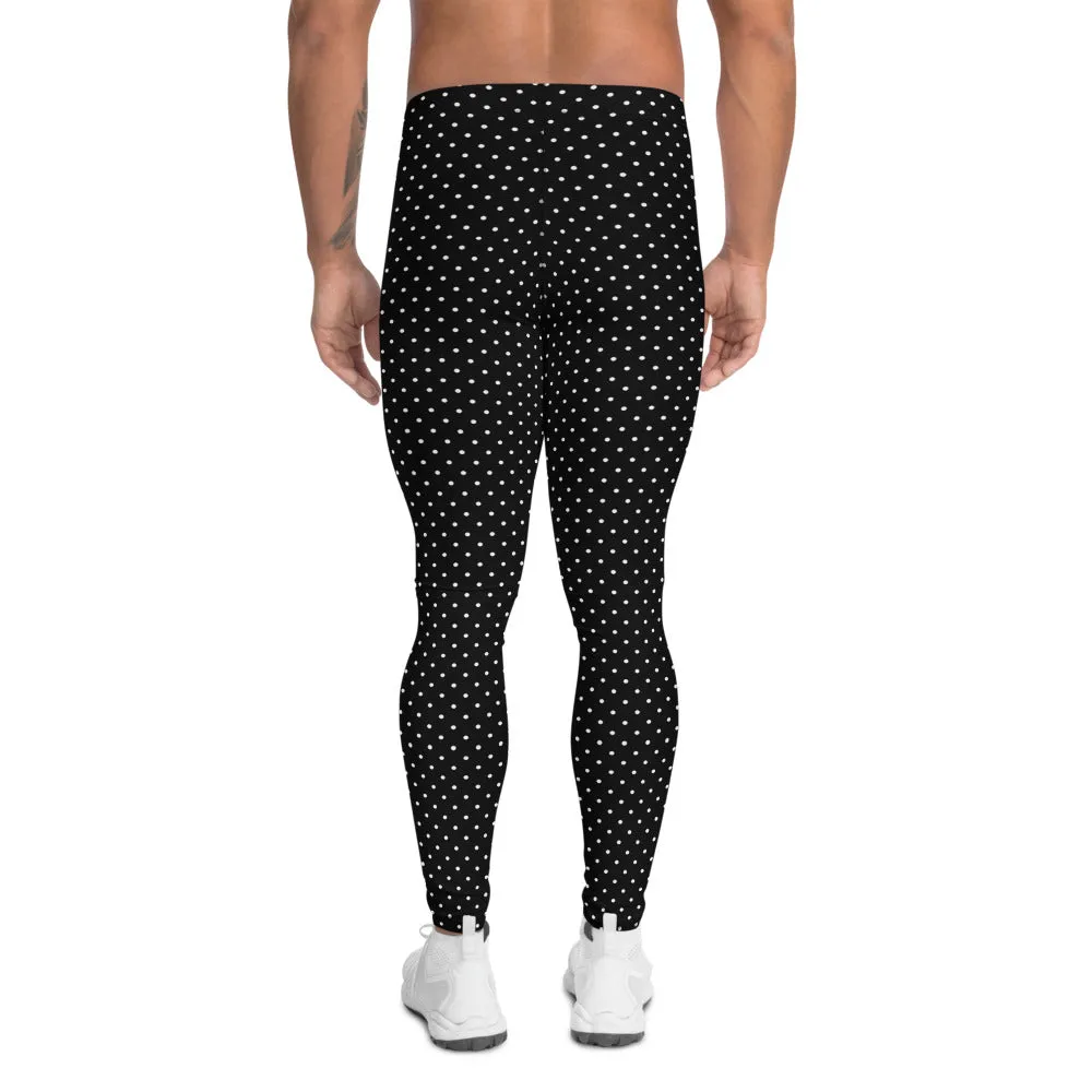 Black White Dots Men's Leggings, Cute Polka Dots Black Best Meggings-Made in USA/EU