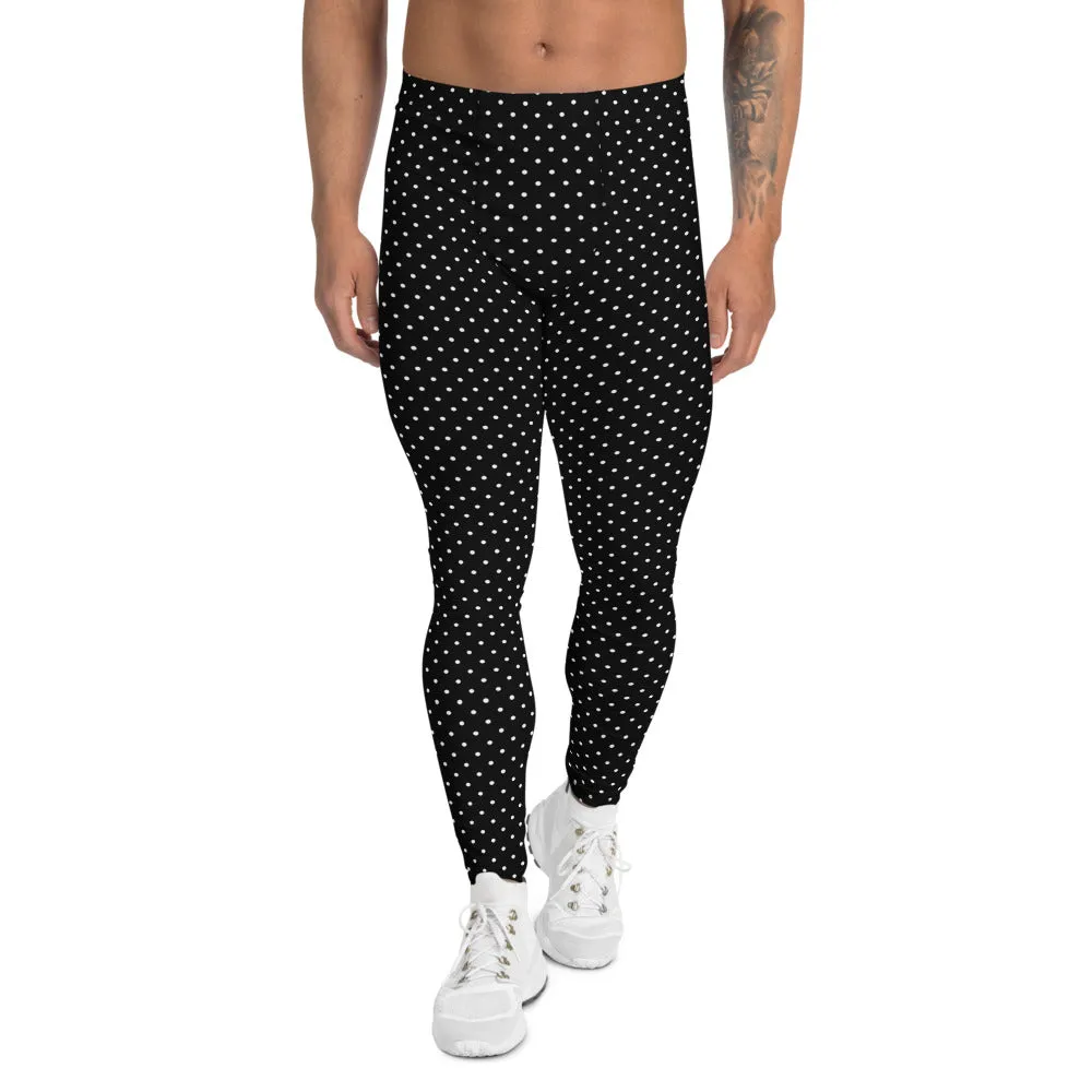 Black White Dots Men's Leggings, Cute Polka Dots Black Best Meggings-Made in USA/EU