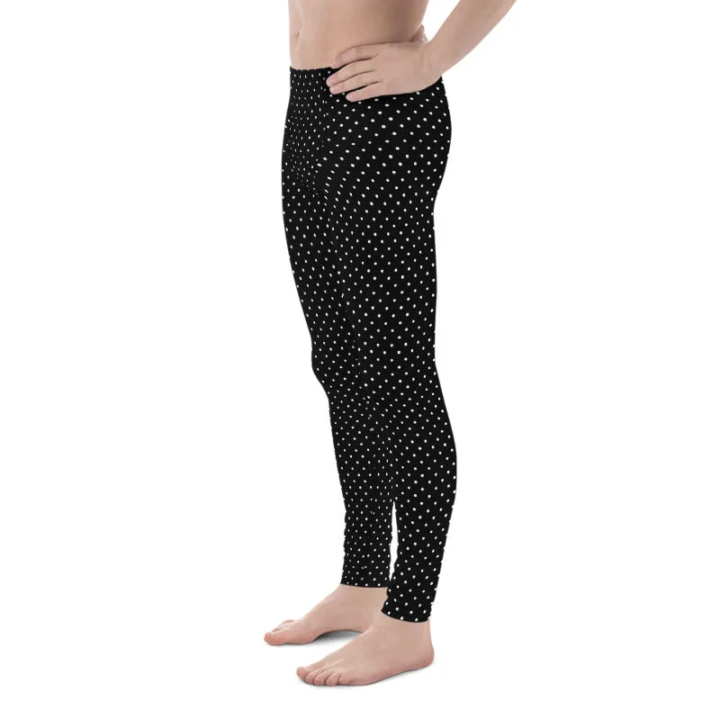 Black White Dots Men's Leggings, Cute Polka Dots Black Best Meggings-Made in USA/EU