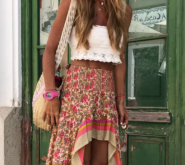 Boho Print Irregular Hem Floral Skirt