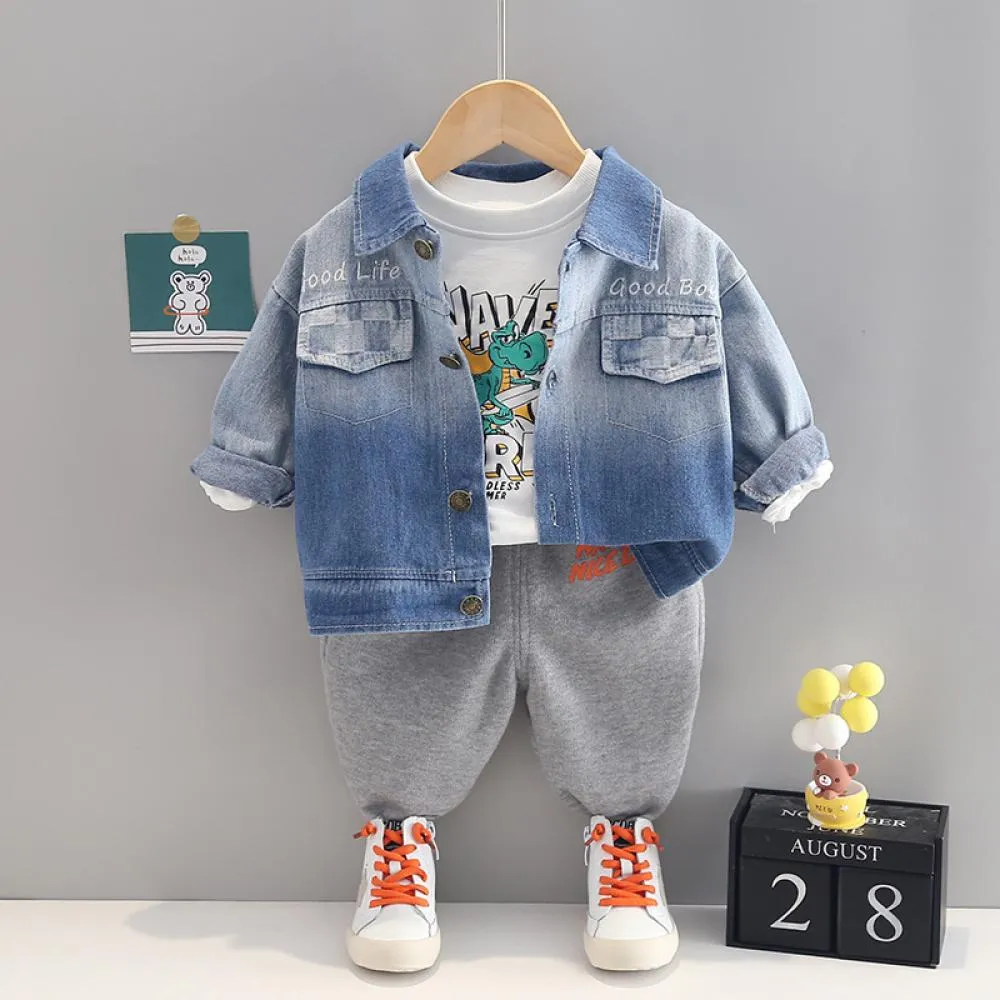 Boys Autumn Denim Jacket and T-shirt and Pants Set Boy Wholesale Clothing