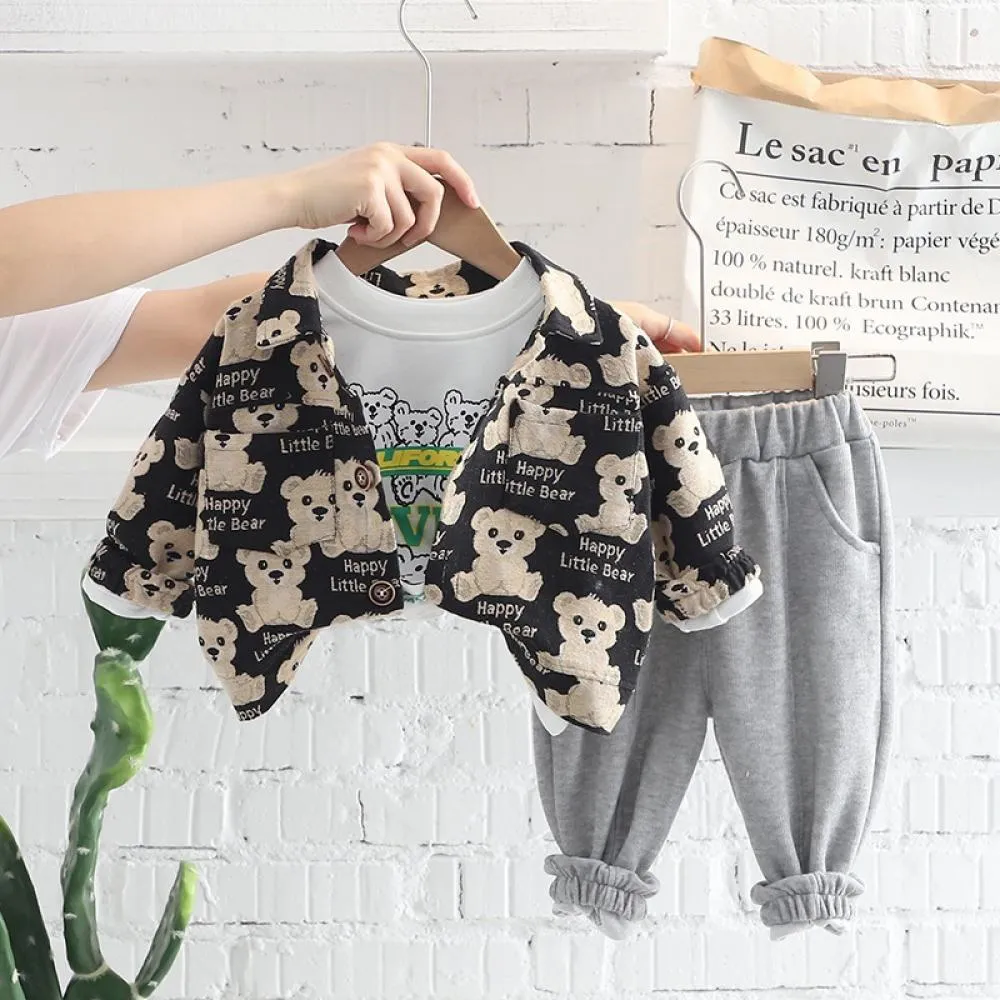 Boys Spring Autumn Bear Coat T-shirt And Pants Set Baby Boys Clothes Wholesale