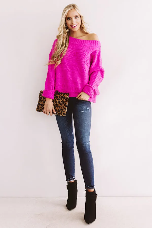 Cappuccino Cozy Cable Knit Sweater In Hot Pink