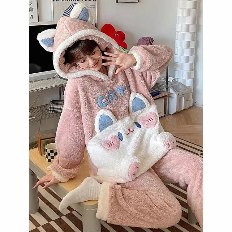 Cartoon Kitty Letter Embroidery Plush Hooded Pajamas Set