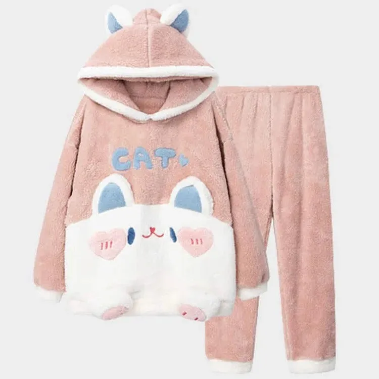 Cartoon Kitty Letter Embroidery Plush Hooded Pajamas Set