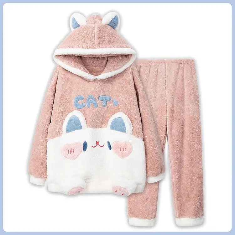 Cartoon Kitty Letter Embroidery Plush Hooded Pajamas Set