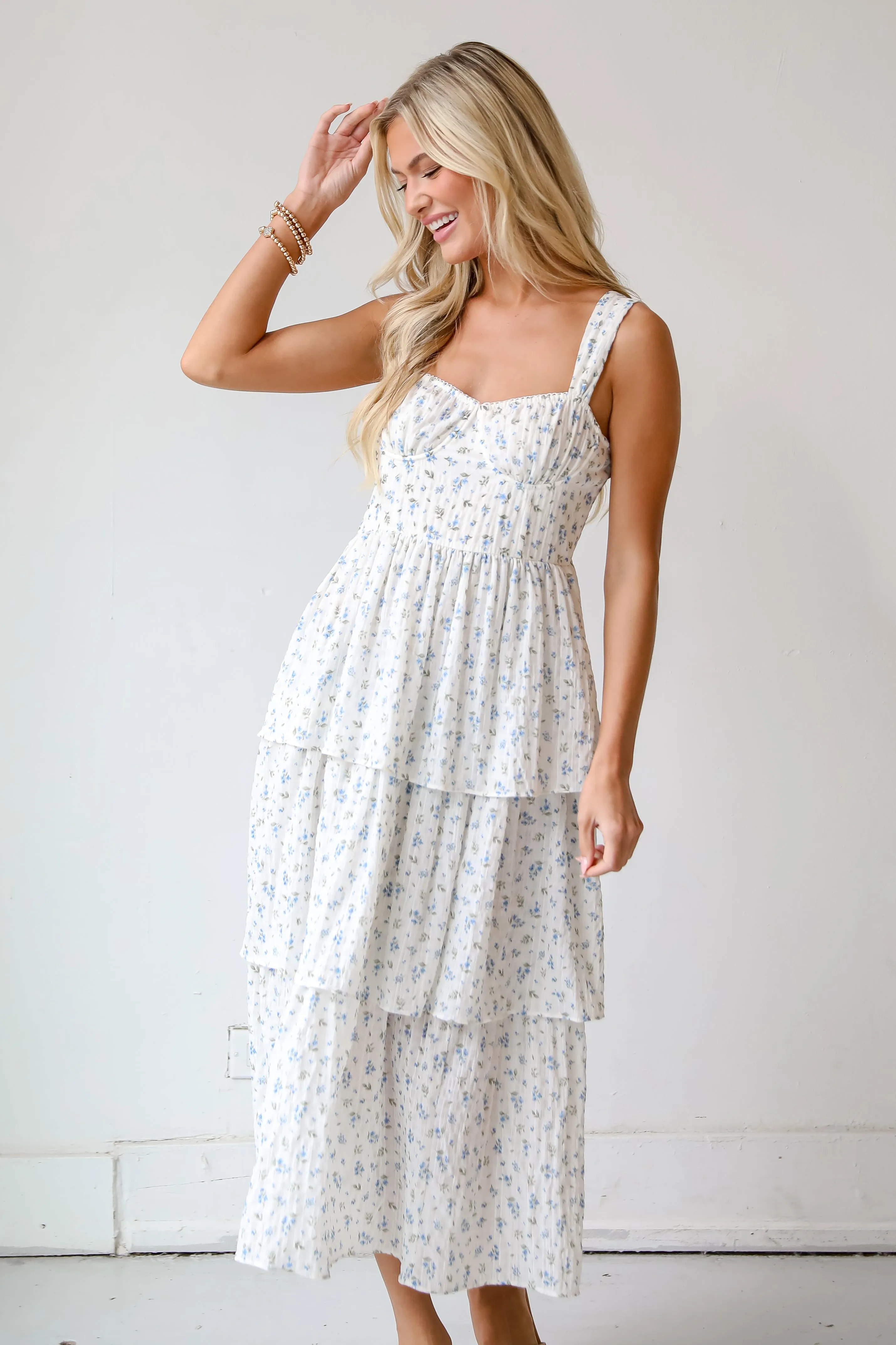 Caught Your Interest Ivory Floral Tiered Midi Dress