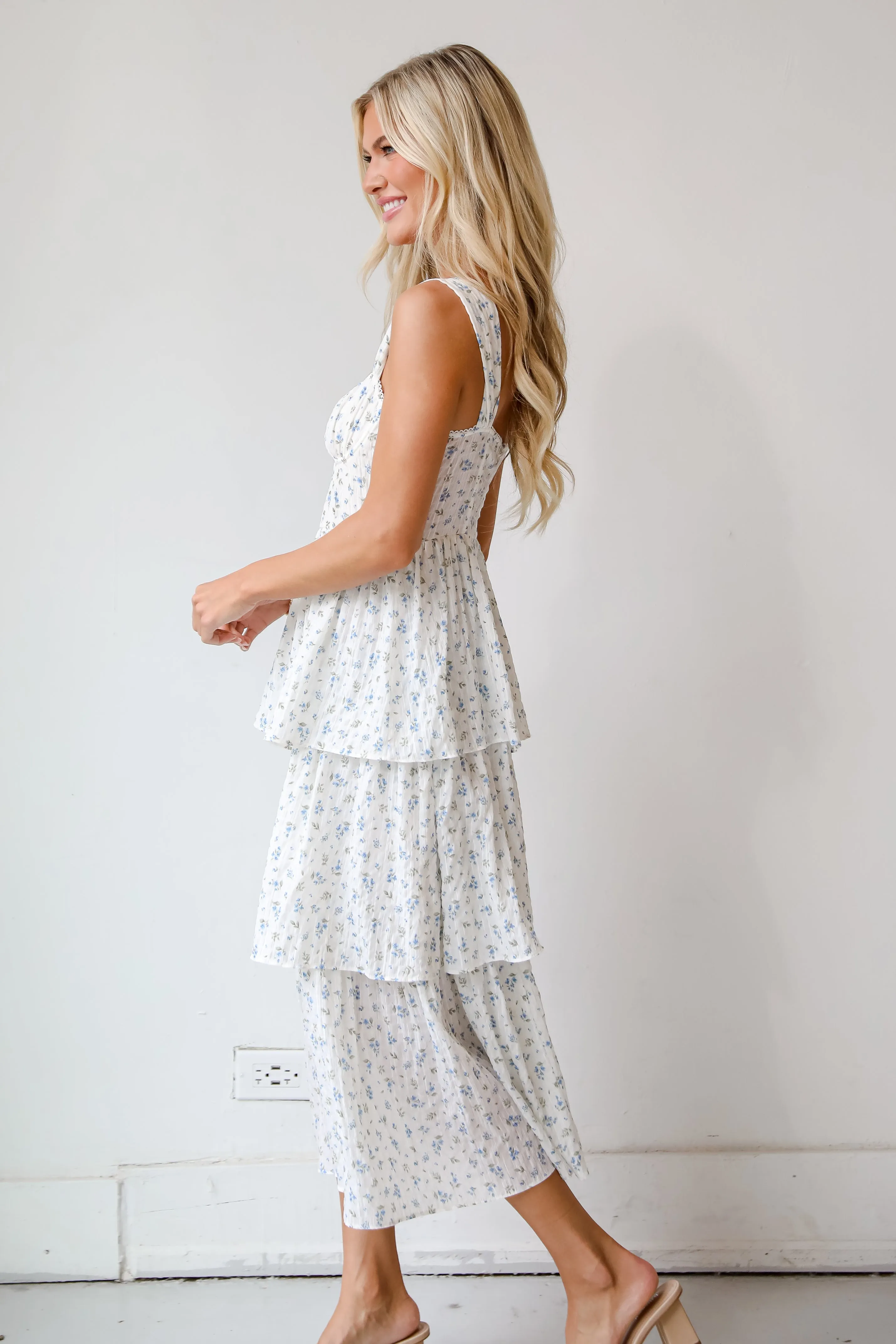 Caught Your Interest Ivory Floral Tiered Midi Dress