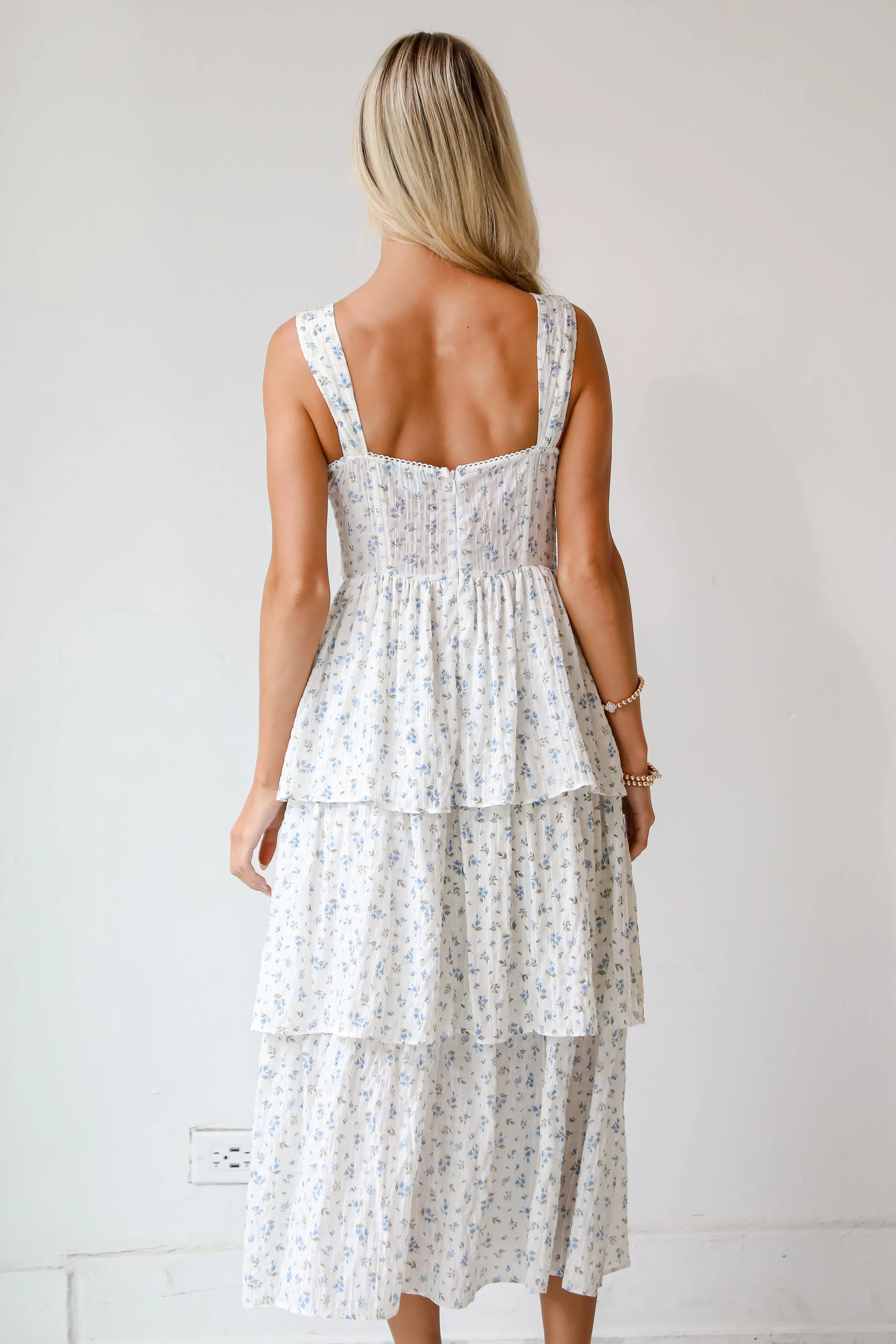 Caught Your Interest Ivory Floral Tiered Midi Dress