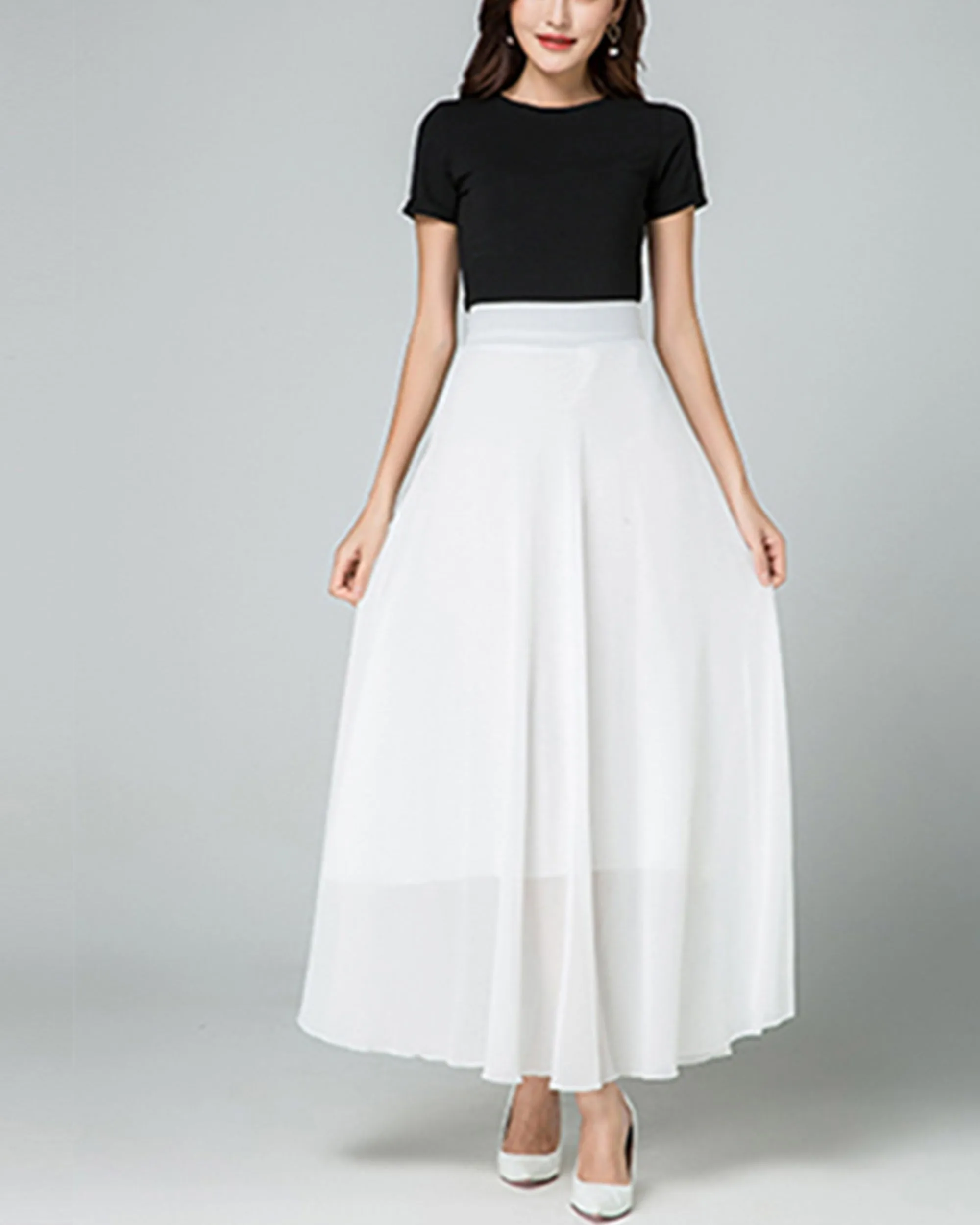 Chiffon Skirt/Maxi Skirt/Long Skirt/A-Line Skirt/Flare Skirt/Dark Blue Skirt/Elastic Waist Skirt L0036