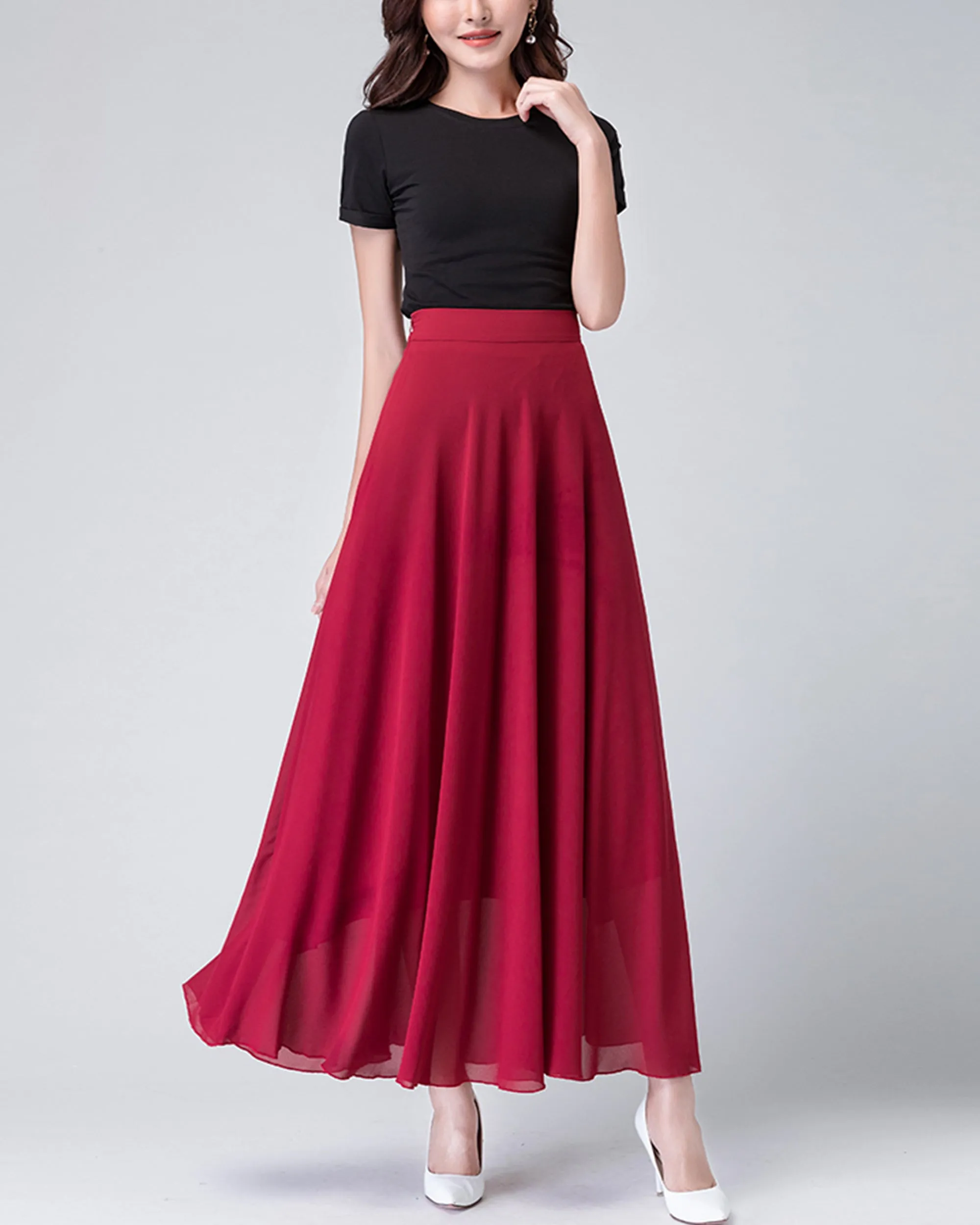 Chiffon Skirt/Maxi Skirt/Long Skirt/A-Line Skirt/Flare Skirt/Dark Blue Skirt/Elastic Waist Skirt L0036