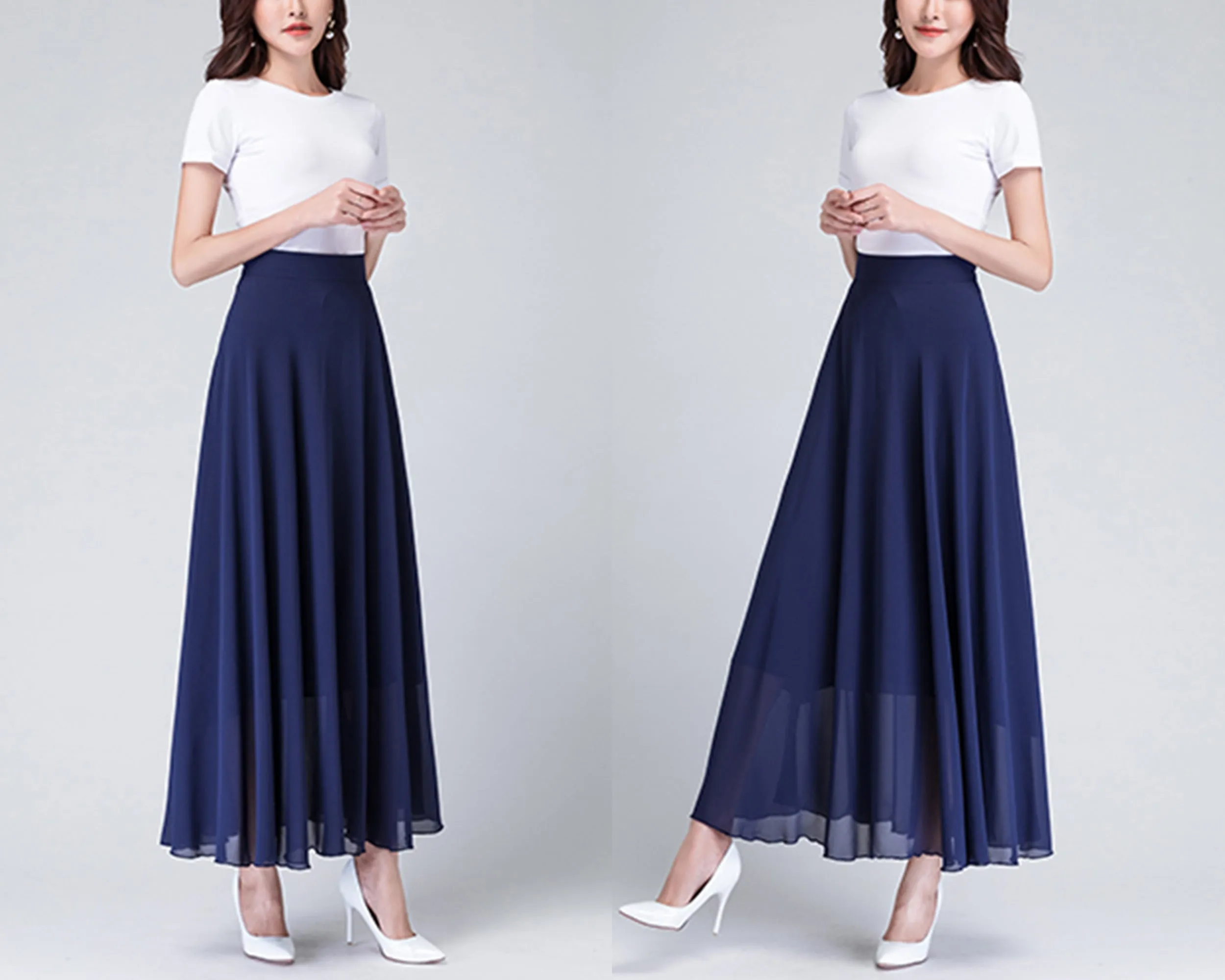 Chiffon Skirt/Maxi Skirt/Long Skirt/A-Line Skirt/Flare Skirt/Dark Blue Skirt/Elastic Waist Skirt L0036