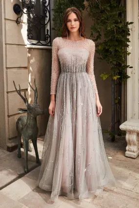 Cinderella Divine Formal Gown with Sheer Long Sleeves and Ruffled Layered Skirt #B701