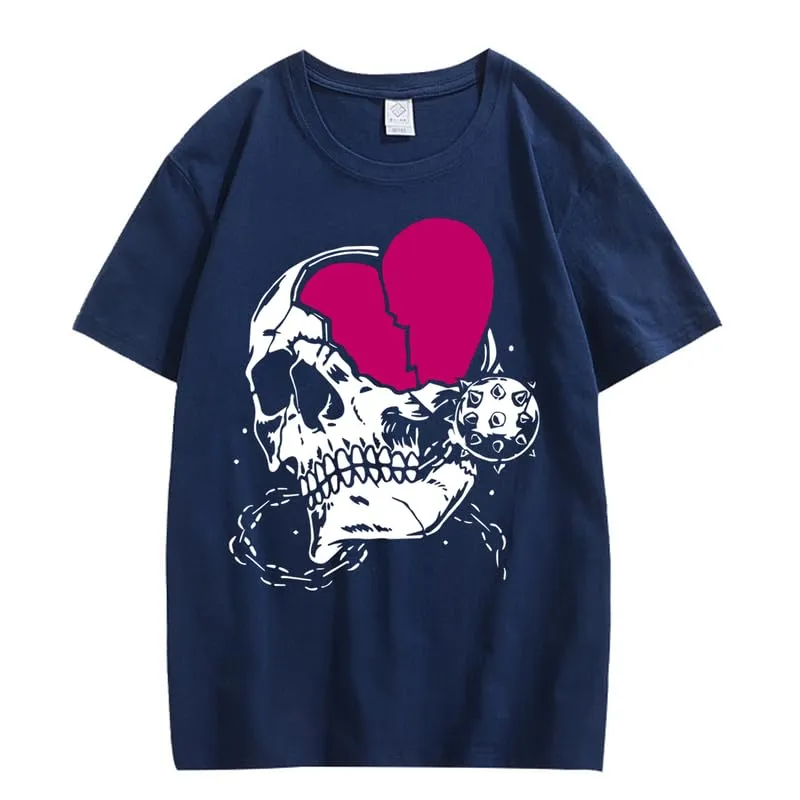 CORIRESHA Teen Cute Heart Crewneck Short Sleeve Casual Summer Cotton Skull T-Shirt