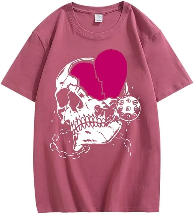 CORIRESHA Teen Cute Heart Crewneck Short Sleeve Casual Summer Cotton Skull T-Shirt