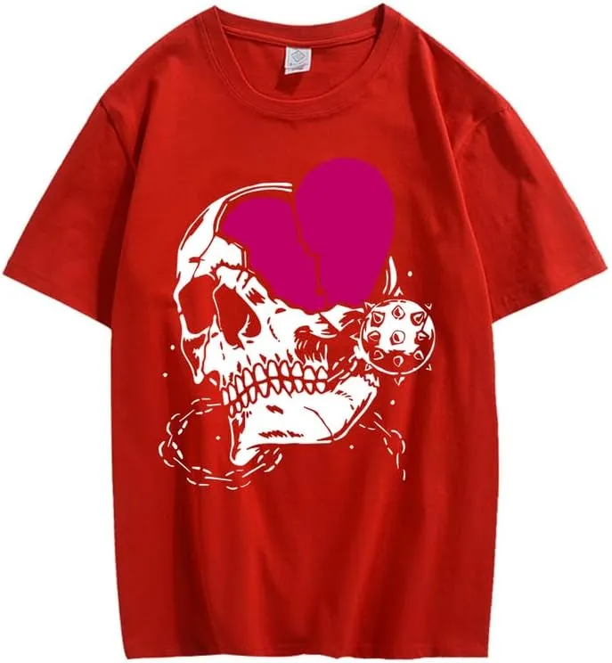 CORIRESHA Teen Cute Heart Crewneck Short Sleeve Casual Summer Cotton Skull T-Shirt