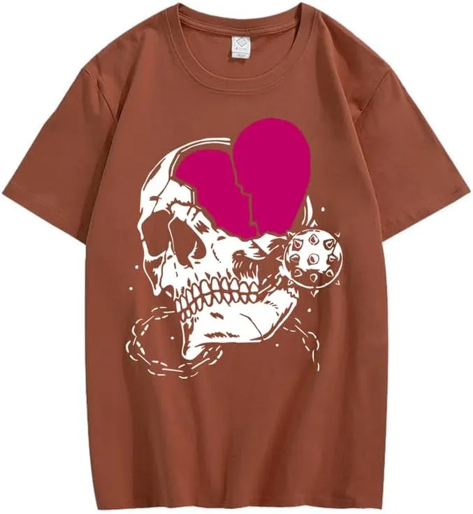 CORIRESHA Teen Cute Heart Crewneck Short Sleeve Casual Summer Cotton Skull T-Shirt