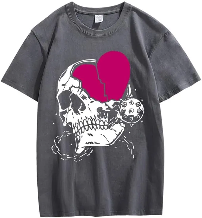 CORIRESHA Teen Cute Heart Crewneck Short Sleeve Casual Summer Cotton Skull T-Shirt